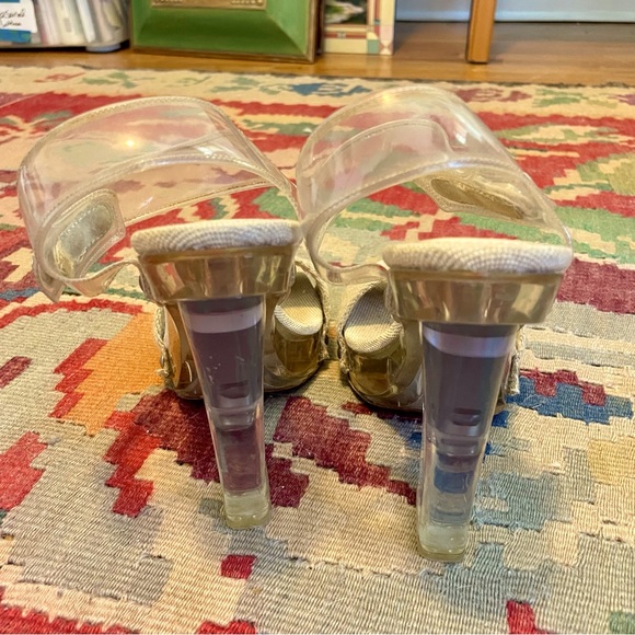 PRADA SP10 Clear PVC Platform Heels Beige Burlap Raffia Strap, sz 38.5 - Picture 8 of 13